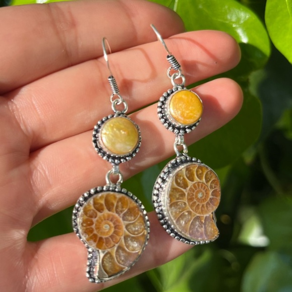 925 Silver Overlay Natural Fossilized Ammonite Earrings - Picture 5 of 6